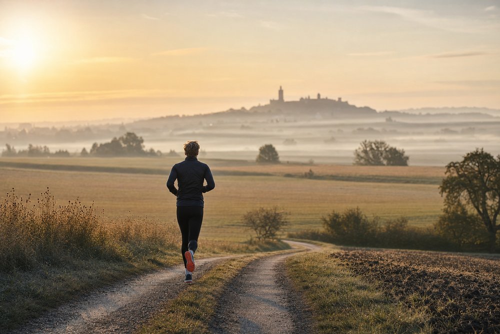 Läuferin auf einem flachen Feldweg in der Wetterau bei Friedberg im Morgenlicht, im Hintergrund die Silhouette der Burg